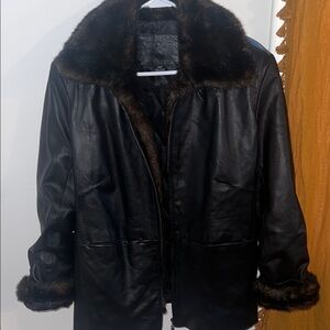 Kathy Ireland Women's Black Leather Jacket with Faux Fur Trim